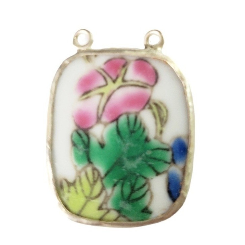 Vintage Porcelain Pottery Shard Pendant Floral Two Loop Connector Jewelry Charm